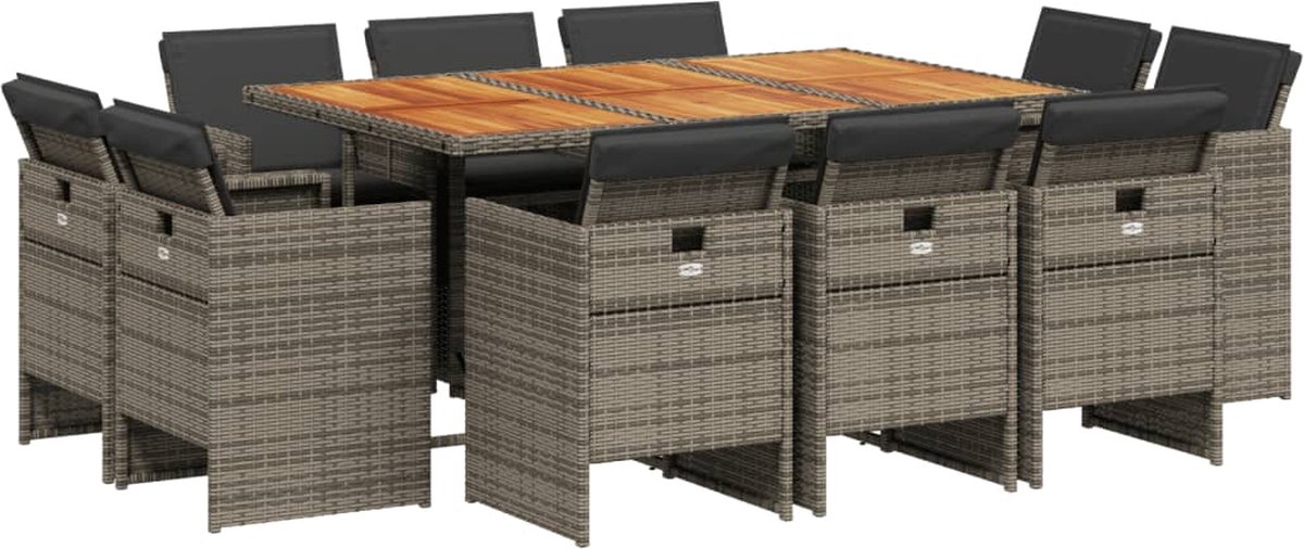 VidaXL 11-delige Tuinset met kussens poly rattan grijs