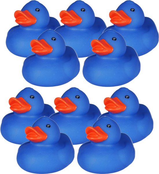 Tien blauwe badeendjes met oranje snavels en zwarte ogen, gerangschikt in rijen.