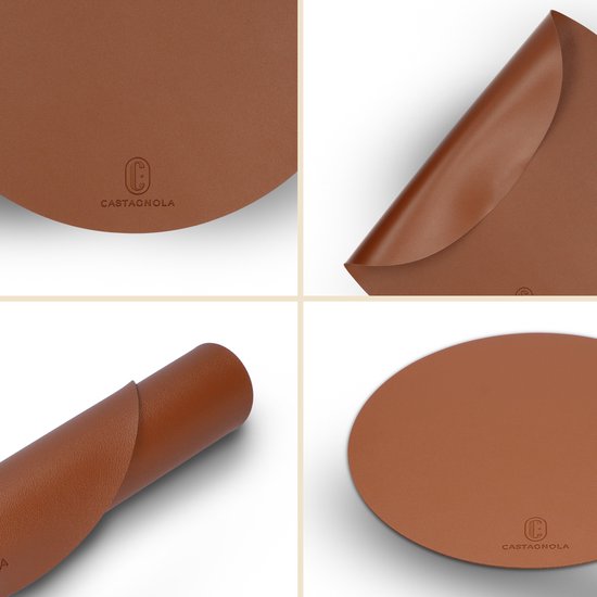Castagnola Napperons de table aspect cuir - Napperons ronds - Set de table antidérapant en simili cuir - Sous-couche hydrofuge - Dessous de verre - 6 pièces - Diamètre 38 cm - Marron