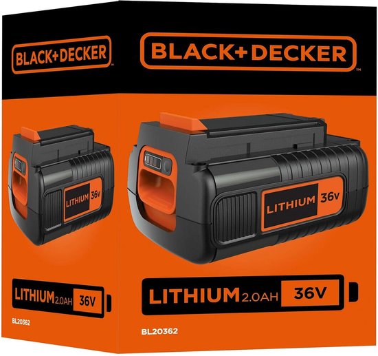 Black+Decker 36V 2.0Ah lithium-ion accu in verpakking.