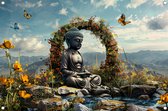 Boeddha posters - Sculptuur tuinposter - Tuinposters Bloemen - Muurdecoratie buiten - Tuindoek - Tuin decoratie muurdecoratie tuinposter 90x60 cm