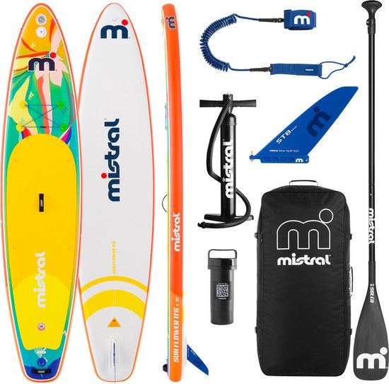 Mistral Sun Flower 11'6 | Opblaasbare SUP Set | Allround Touring SUP Board | 350 x 79 cm | 312L | Stabiel en Wendbaar | Incl. Peddel, Pomp, Leash, Vin en Rugtas | Voor Toertochten en Familie