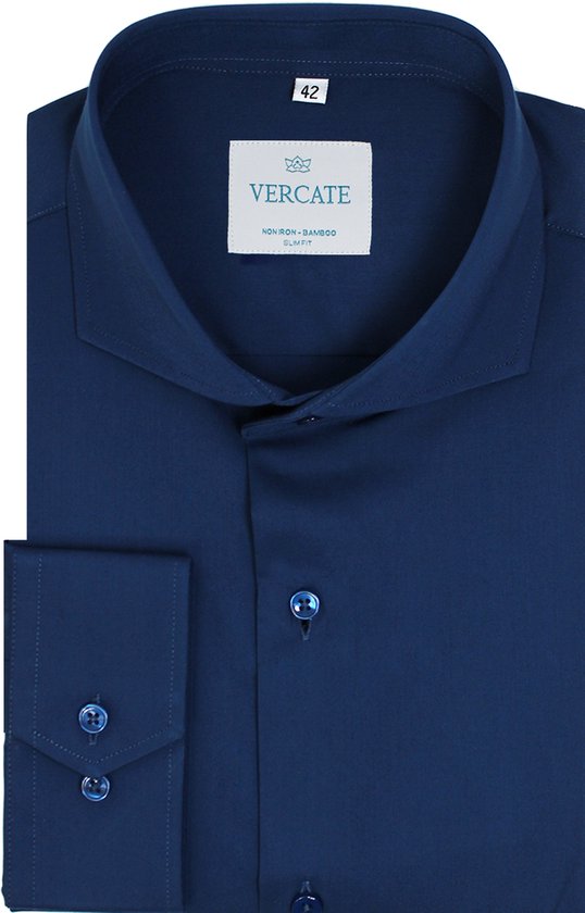 Vercate - Strijkvrij Overhemd - Navy - Marine Blauw - Slim Fit - Bamboe Katoen - Lange Mouw - Heren - Maat 39/M