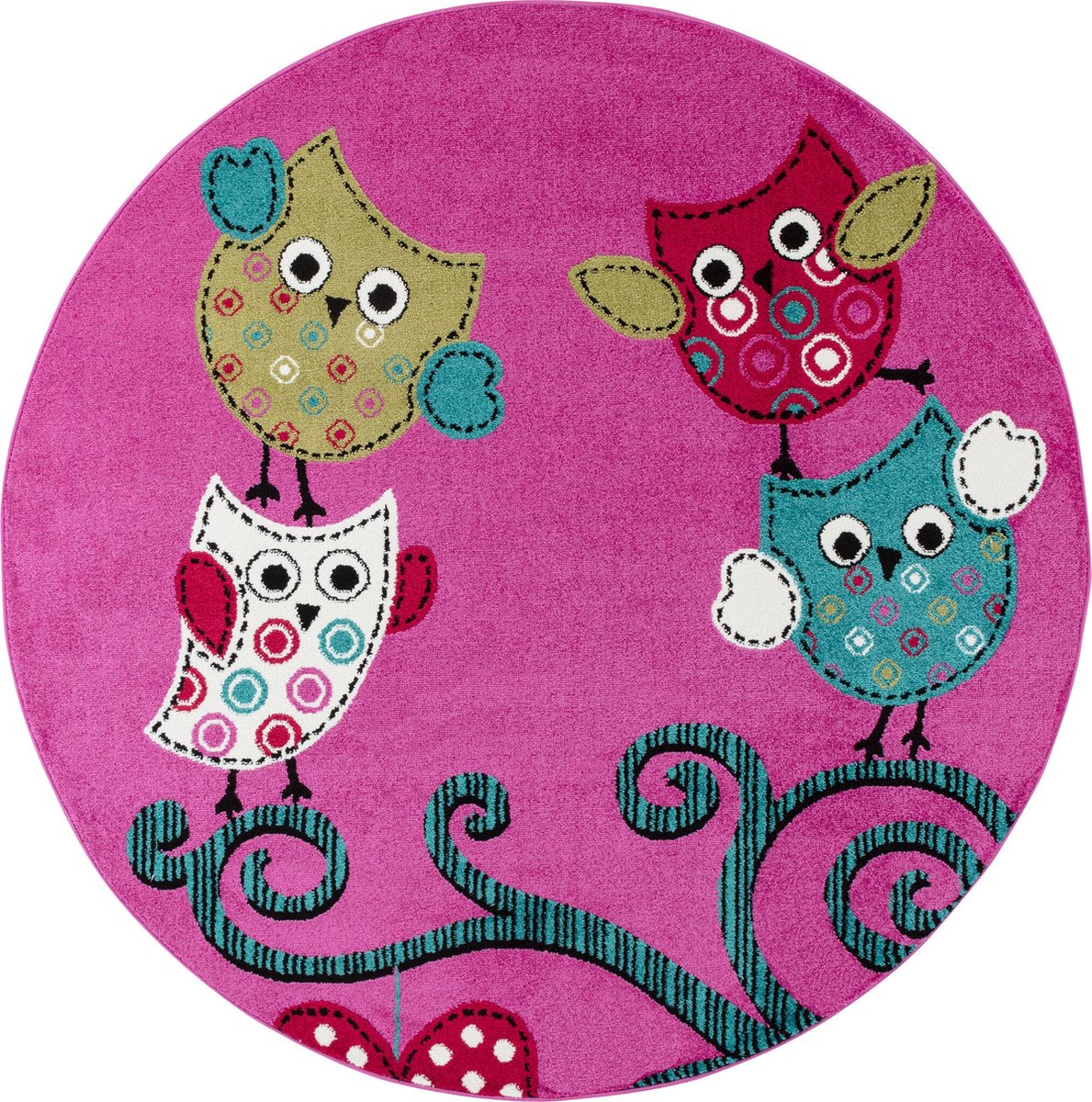 Flycarpets Flycarpets - Kids Kinderkamer Uil Paars Vloerkleed Rond - 120x120 cm