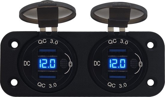 ProRide 12V USB Stopcontact 4 Poorten met Schakelaar/Voltmeter - Tweevoudig Inbouw - QC3.0 - DS2120B - USB Stopcontact Auto, Boot en Camper - Blauw