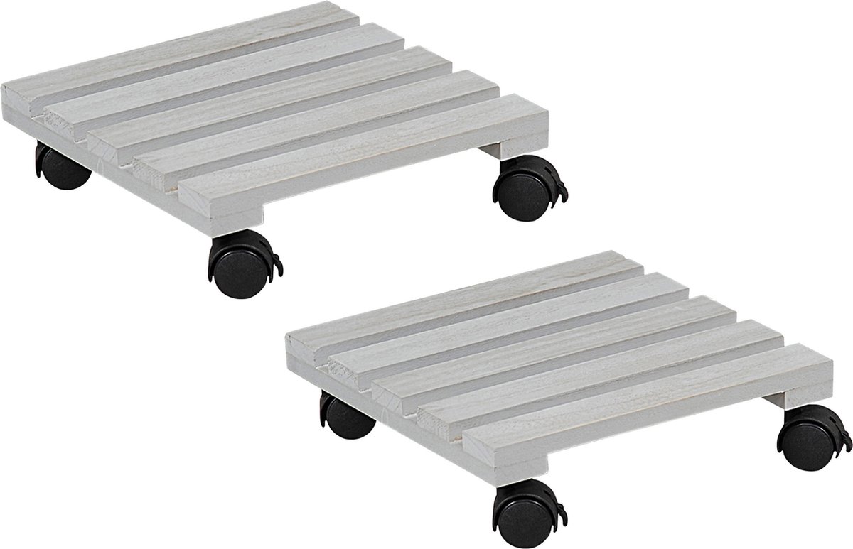 Kesper Plantenpot trolley - 2x - hout - grijs - vierkant - 30 x 30 cm - max 100 kilo - potten verrijden - niet tillen - bloempotten wielen
