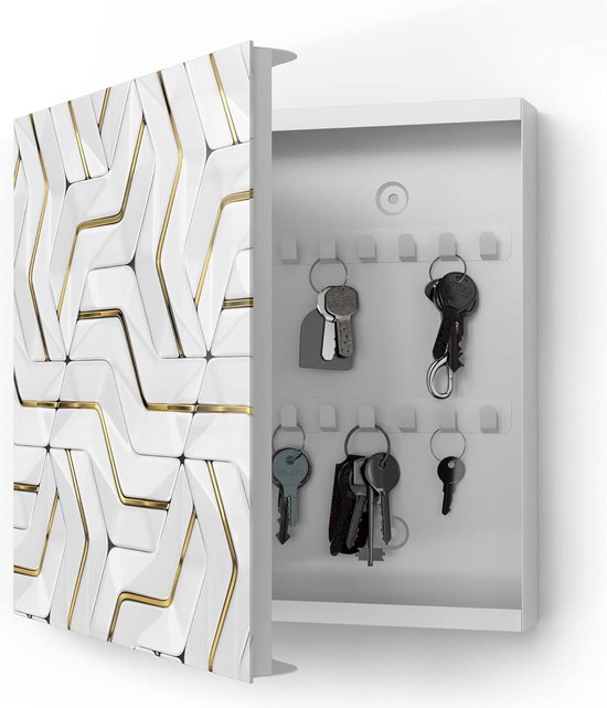 Sleutelkast wit | 30x30 cm | Motief hoogglanspatroon | Glas & Metaal Sleutelkastje | Sleutelkast met 50 haken + 2 magneten | Modern Design Box magnetisch & beschrijfbaar