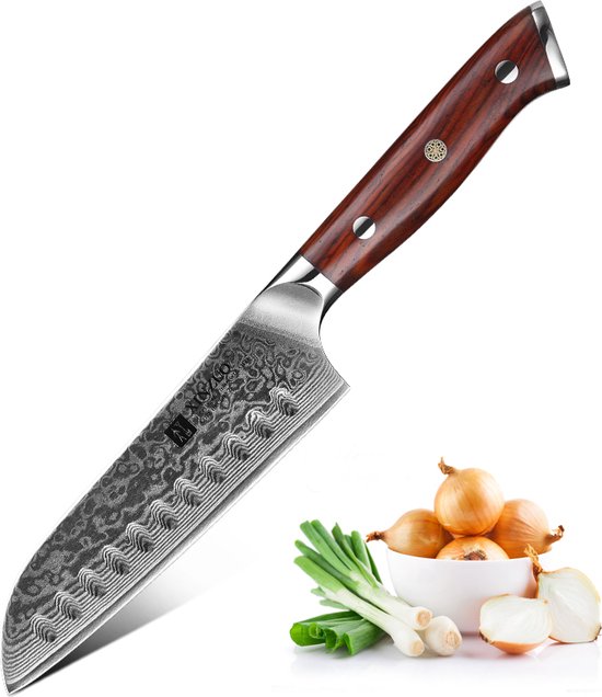 Couteau Santoku Damas 5 pouces (67 couches) | Xinzuo B13R Yu | Luxe et professionnel | Acier Damas tranchant comme un rasoir | Klein couteau Santoku de 24 cm avec manche en palissandre
