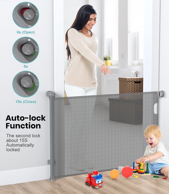 Deurbeschermingsrooster, Uittrekbaar, Trapbeschermingsrolgordijn, Voor Baby's, Intrekbare Deur, Uittrekbare Hondenbarrières, Veiligheidsscheidingswand Voor Binnen En Buiten (Color : Grey, Size : 180