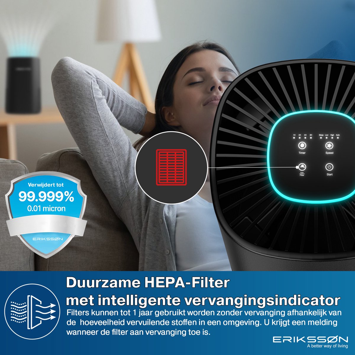 Erikssøn Luchtreiniger Air Purifier Elite - 2x HEPA-14 Filter - Zwart - 240 m3/u - Vermindert Stof En Pollen - Met Hepa Filter - Met Ionisator — afbeelding 7