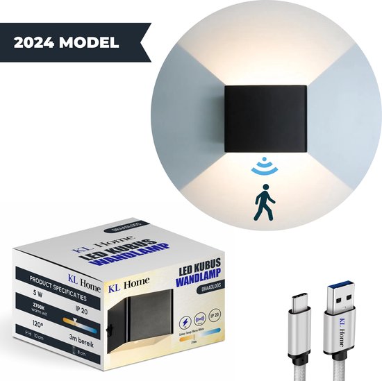 KL Home® - Applique cube LED rechargeable - Détecteur de mouvement - Sans fil - Blanc chaud 2700K - Zwart - Accu - batterie - Eclairage d'escalier - Eclairage d'ambiance