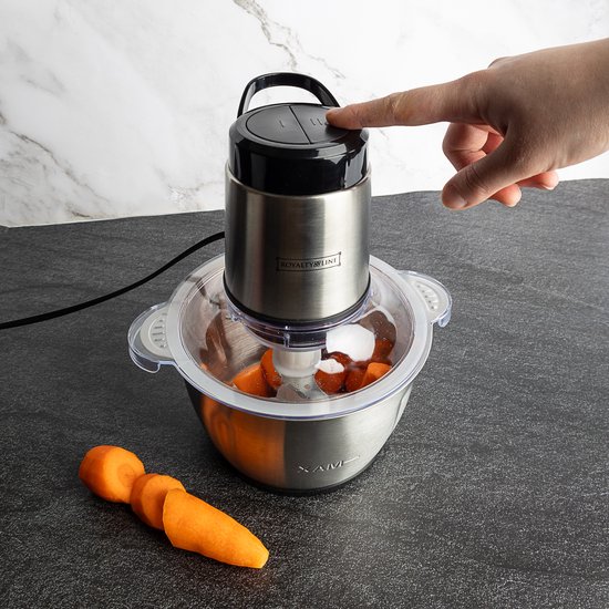 Hachoir électrique Royalty Line MCE300 - Coupe-légumes - 1,8 Litre - Hachoir - Inox - 2 Vitesses - 300W - Robot Culinaire Avec Kom Inox - Mandoline
