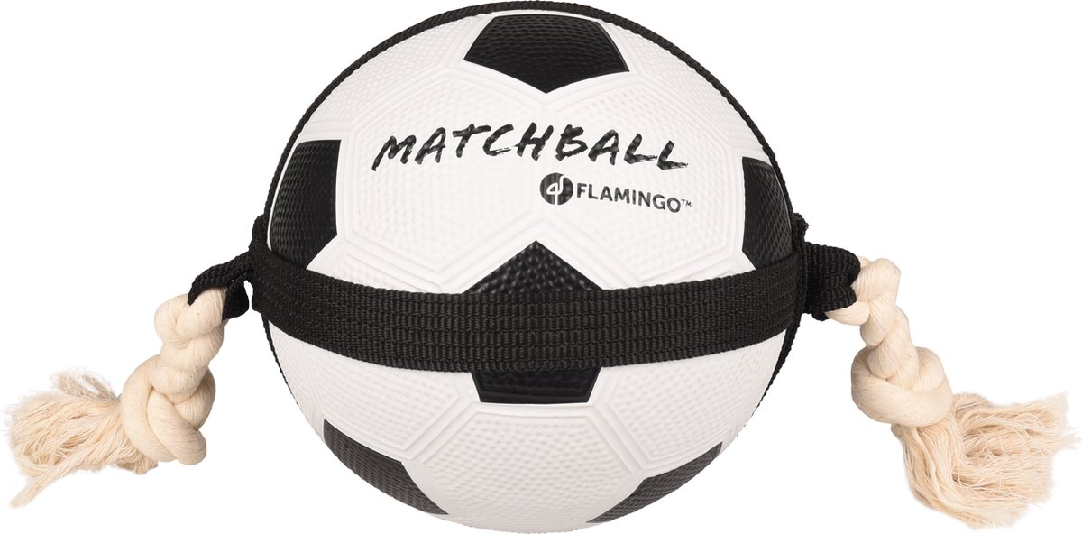 Hondenspeelgoed – Matchball voetbal met touw – Flamingo hondenspeelgoed – hondentouw – hond bal – honden bal – 50 cm – wit/zwart