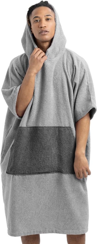 Badponcho unisex - surf poncho van 100% katoen - doek voor volwassenen - badjas voor dames en heren - badhanddoek met capuchon, grijs/donkergrijs.