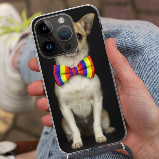 Étui de téléphone adapté à Apple Iphone 14 Pro - Chien - Noeud - Zwart - Siliconen - Bandoulière - Coque arrière avec cordon - Étui de téléphone avec cordon - Étui avec corde