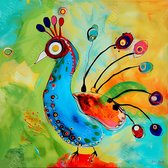 JJ-Art (Glas) 60x60 | Pauw in vrolijke kleuren, kleurrijk, abstract, kunst | vogel, dier, vierkant, groen, blauw, rood, geel, modern | Foto-schilderij-glasschilderij-acrylglas-acrylaat-wanddecoratie
