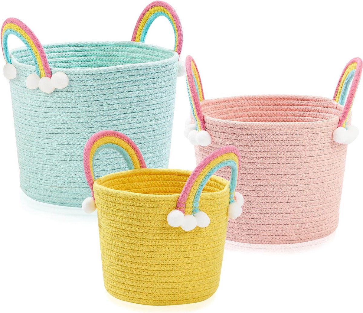 Goedkoopste Regenboogmand Baby Luier Caddy 3-pack - Ronde kleurrijke manden - Baby Hamper - Baby Wasmand - Geweven mand - Speelgoed Opbergmand - Katoen Touw mand Set met Handvat