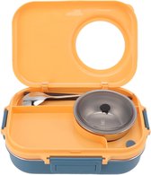 lunchbox, 1100 ml, dubbellaags design met 3 roosters, thermische lunchbox van roestvrij staal 304 met eetstokjes, lepel, soepkom, voedselcontainer voor kinderen, studenten, (blauw-geel)