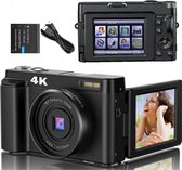 Handycam – Videocamera 4K 48MP – Vlog Camera Voor Beginners – Compacte Filmcamera Met Draaibare Flip-Screen – Vlogcamera Met Anti-Shake-Functie – Zwart