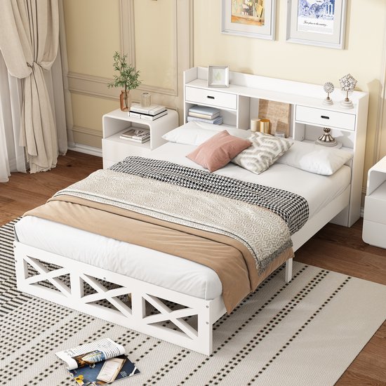 Houten bed met panelen - tweepersoonsbed met houten lattenbodems - met opbergfunctie - MDF + meerlaagse plank - wit 140x200cm