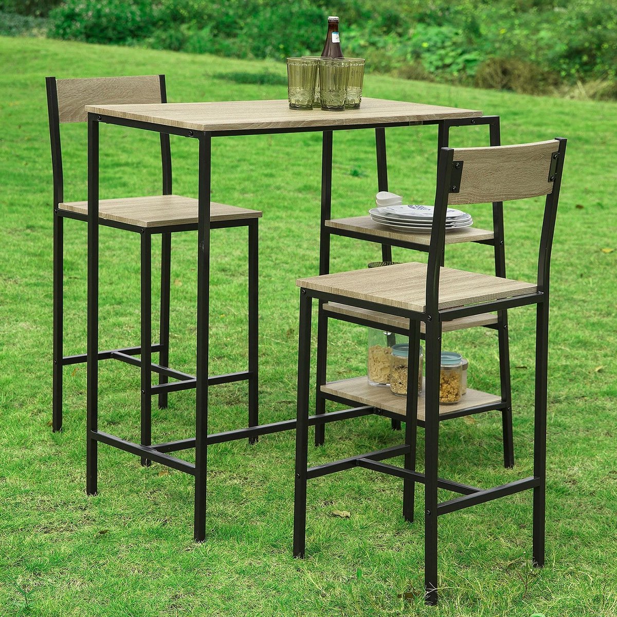 GranMaison Bartafel met barstoelen - Krukken Set - Bistro Ensemble - Eetcombinatie - Feestmeubilair - Verzamelsuite - Entertainment Kit - Zwart - 60 x 60 x 107cm