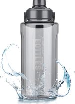 2 liter drinkflessen met zetgroep, 2100 ml waterfles met handvat, BPA-vrij, lekvrije gymwaterflessen kan met deksel voor fitness, sport, kamperen, fietsen, yoga, reizen, grijs