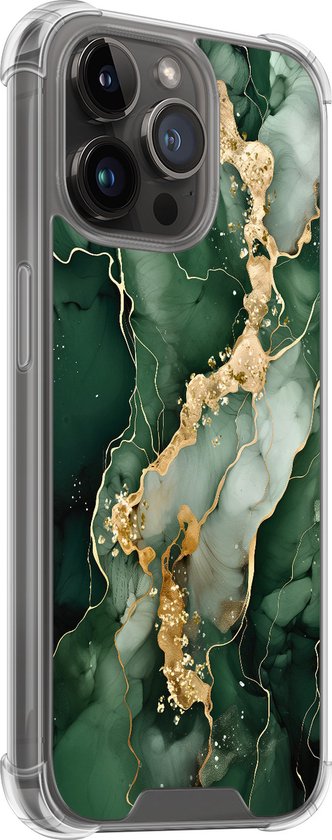Coque antichoc iPhone 14 Pro Max - Marbre vert or - Coque Extra résistante - TPU/polycarbonate - Vert, Transparent