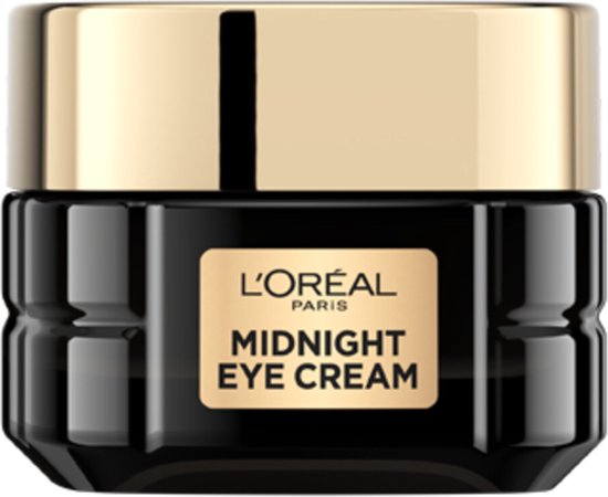 L'Oréal Paris Midnight Eye Cream oogcrème potje. Zwart met ribbels en gouden deksel.