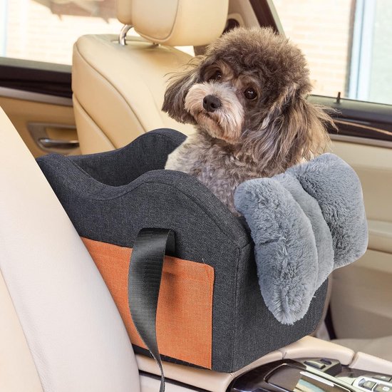 Siège d'auto pour petit chien – Siège rehausseur pour animal de compagnie à console centrale (gris foncé) avec ceinture de sécurité | Siège auto pour chiot