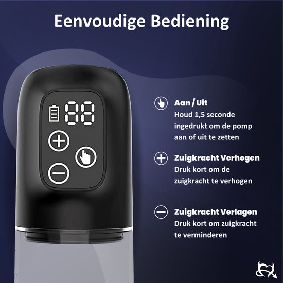 Close-up digitaal scherm van penispomp met aan/uit, verhogen en verlagen zuigkracht knoppen.