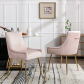 Sweiko 2-delige eetkamerstoel met verticale strepen, gestoffeerde fauteuil, metalen beenstoel met metalen handvat, moderne lounge stoel, slaapkamer woonkamer stoel, Roze