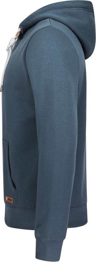 Donkerblauwe hoodie van de zijkant, met capuchon en lange mouwen.