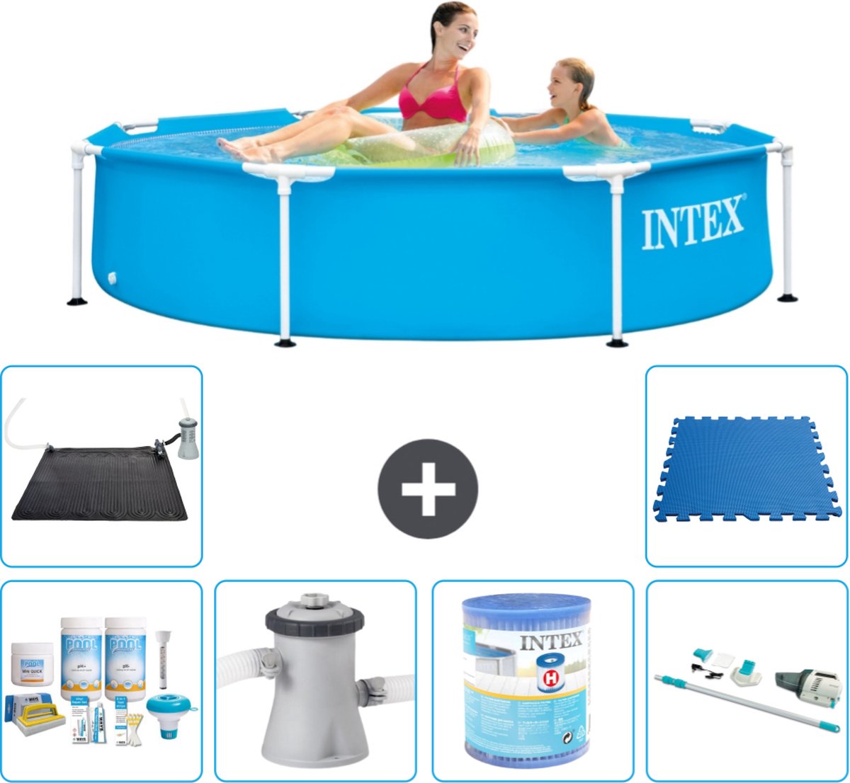 Intex Metal Frame Intex Rond Frame Zwembad 244 x 51 cm Blauw Inclusief Onderhoudspakket Zwembadfilterpomp Filter Stofzuiger Solar Mat Vloertegels