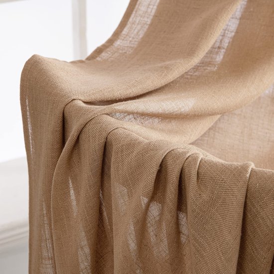 EMEMA Gordijnen, linnen, gordijn met oogjes, voile, linnenlook, modern, half -transparant, voor woonkamer, decoratief, kinderkamer, lusgordijn, keukengordijnen, set van 2, 140 x 245 cm (b x h), beige