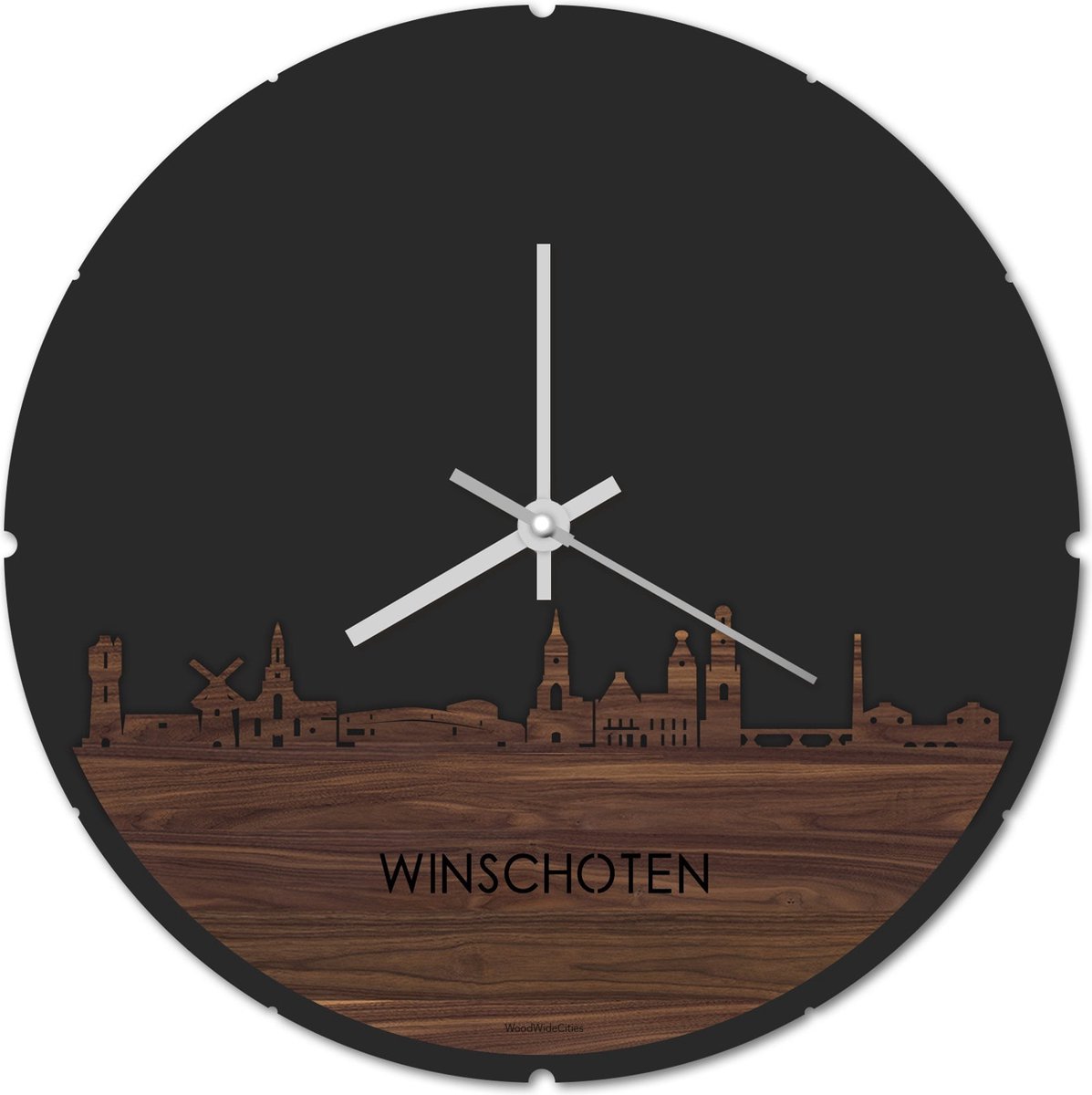 Skyline Klok Rond Winschoten Notenhout - Ø 44 cm - Stil uurwerk - Wanddecoratie - Meer steden beschikbaar - Woonkamer idee - Woondecoratie - City Art - Steden kunst - Cadeau voor hem - Cadeau voor haar - Jubileum - Trouwerij - Housewarming -