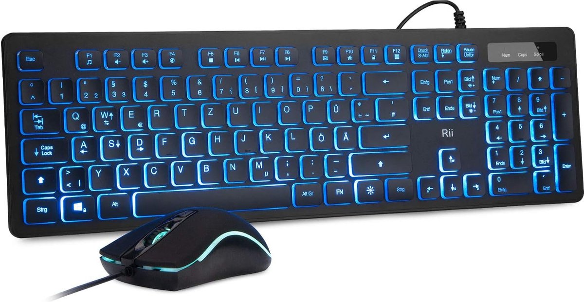 Gaming toetsenbord en muis set met kabel, 3 led-achtergrondverlichting QWERTZ (DE-lay-out), bekabeld toetsenbord met muis voor pc, computer, laptop, zwart