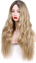 Blonde lange krullende pruik voor dames - Natuurlijk haar met donkere wortel - Feest/kostuum pruik met ombre blond - Golvende stijl