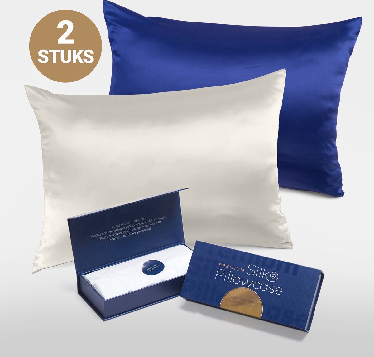 Slowwave Premium Silk Pillowcase - Colorpack: Off-white en Cloud Burst (blauw) - 100% Moerbeizijde - 22 momme - Hoogste kwaliteit (grade 6A) - 60x70cm
