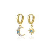Paragon Cat.925 Sterling Silver Asymmetrical Earrings with Zirconia-Encrusted Stars and Moon, Suitable for Children"