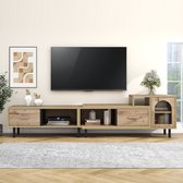 Meuble TV extensible aspect bois - 4 compartiments, 2 tiroirs, porte vitrée, longueur variable 200 cm-278 cm