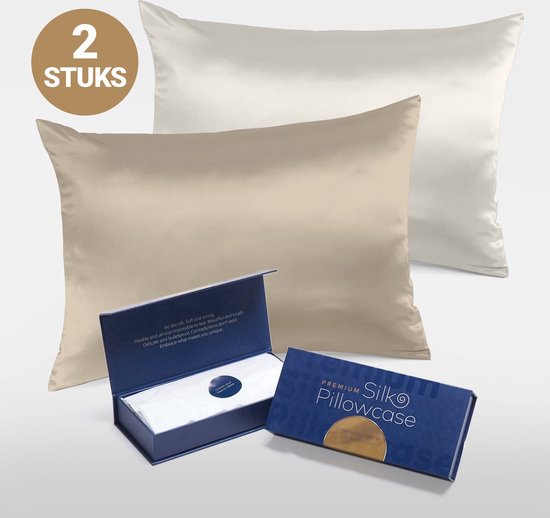 Slowwave Premium Silk Pillowcase - Extra voordelig colorpack: Champagne en Off-white - Ervaar het beste zijden kussensloop - 100% Mulberry zijde - 22 momme - Hoogste kwaliteit (grade 6A) - 60x70cm