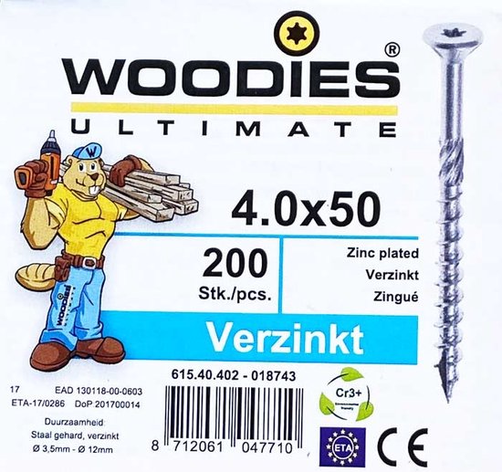 Verpakking van 200 verzinkte schroeven 4.0x50 Torx, met een tekening van een bever.