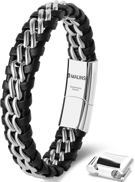 Malinsi Bracelet Homme - Double Strong Cuir Argent Acier Inoxydable - Bracelet Homme 20 + 2cm Extension