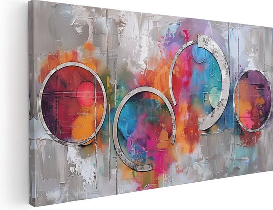 Artaza Canvas Schilderij Kunstwerk met Kleurrijke Cirkels op een Grijze Achtergrond - 80x40 - Wanddecoratie - Foto Op Canvas - Canvas Print