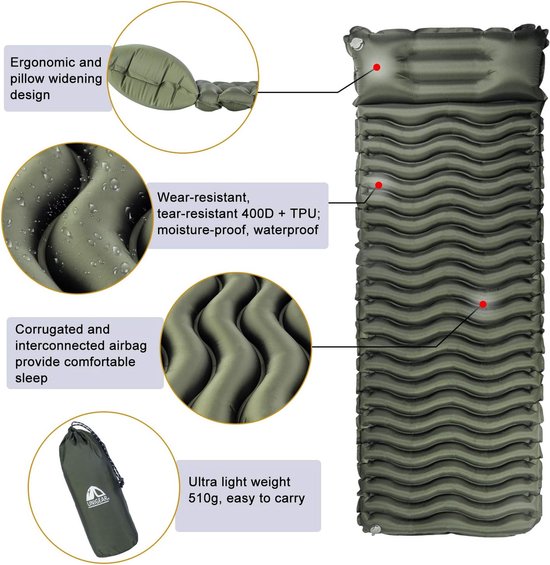 Opblaasbare luchtmatras camping slaapmat voor buiten - vochtbestendig waterdicht en antislip - HERBRUIKBAAR (legergroen met kussen) van Merkloos — afbeelding 5