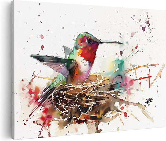 Artaza Canvas Schilderij Aquarelkunstwerk van een Kolibrie in een Nest - 30x20 - Klein - Foto Op Canvas - Canvas Print