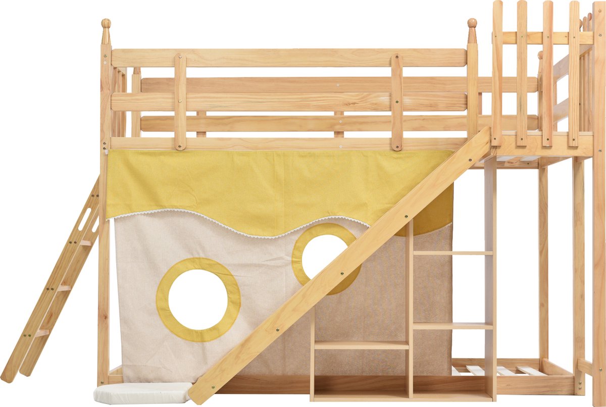 Soweiz Stapelbed, houten bed met trap en omheiningen, met bedgordijn