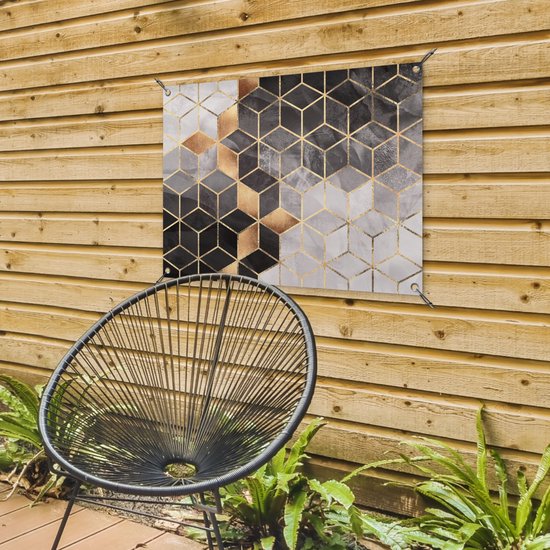 Tableau jardin Abstrait - Cube - Goud - Motifs - Zwart - Wit - 80x60 cm - Affiche jardin - Toile jardin - Affiche extérieur