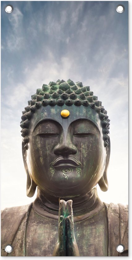 Tuinposter Boeddha hoofd - Buddha - Lucht - Spiritueel - Meditatie - 30x60 cm - Tuindoek - Buitenposter