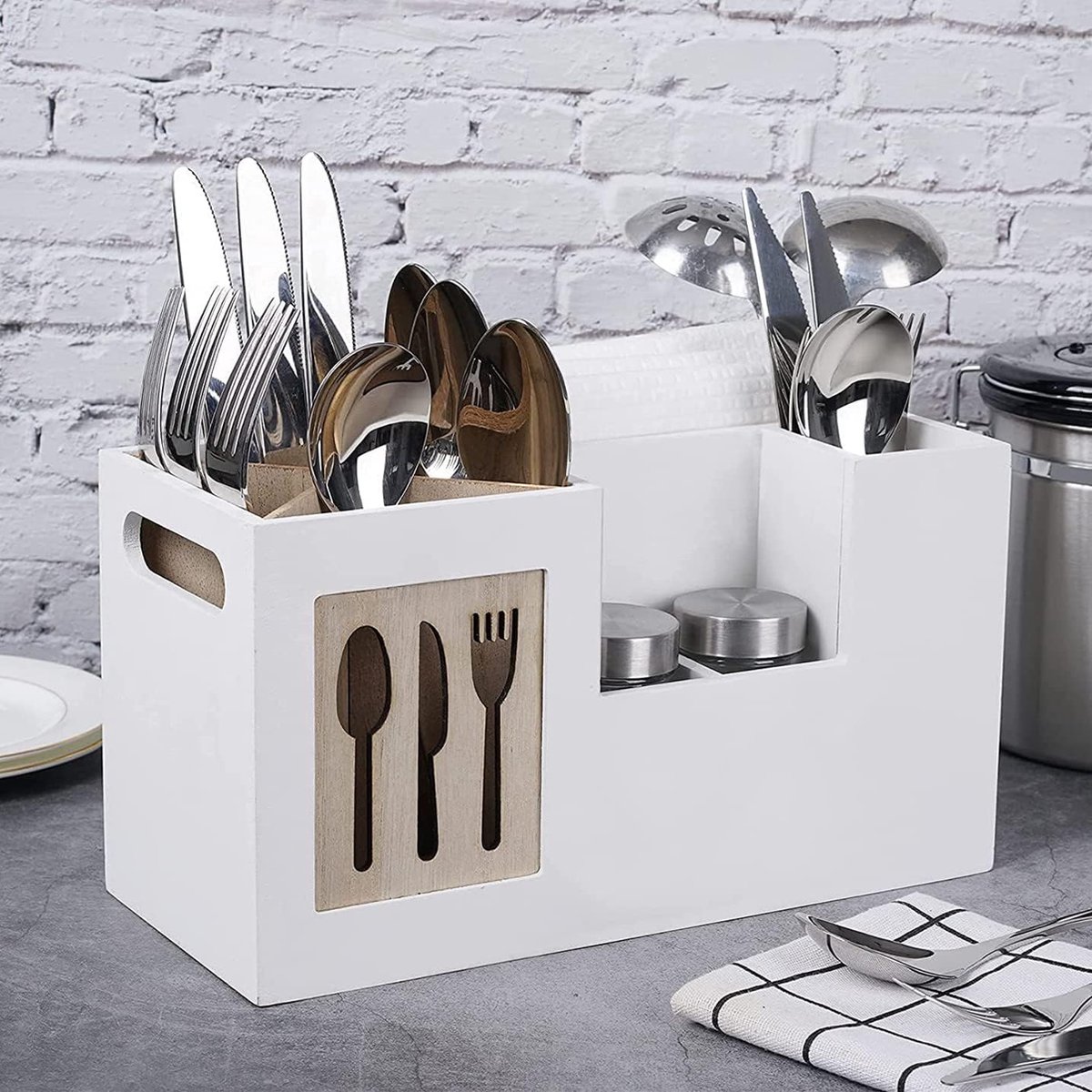 JUJOYBD Bestekmand tafel, bestekhouder hout 4 vakken, decoratieve bestekcontainer, bestek-opslag, bestekstandaard voor vorken, messen, lepels en keukengerei